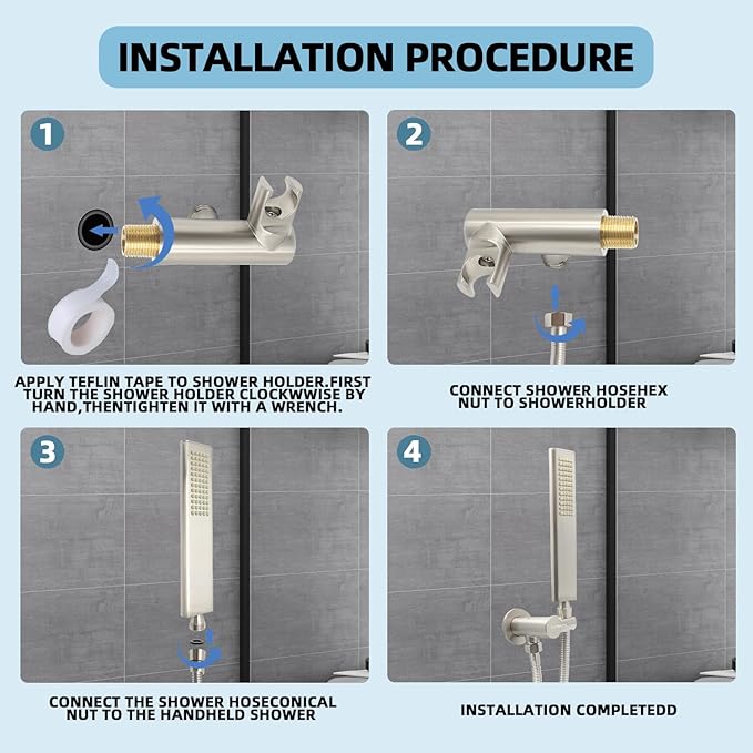 Solid Brass Handheld Shower Head Arc Design High Pressure Brushed Nickel Hand Shower Wand with Adjustable Supply Elbow Wall Connector Shower Holder and 59″ Stainless Steel Hose Set