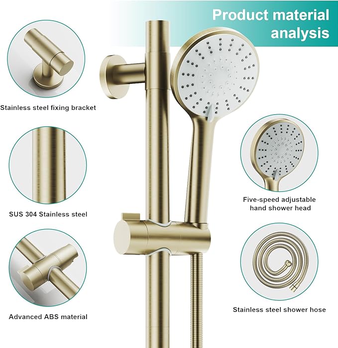 Shower Slide Bar Handheld Shower Head with Hose, 5-Function Hand Shower with Wall Mount，shower slide bar,adjustable height shower head (A-round, Brushed Gold)