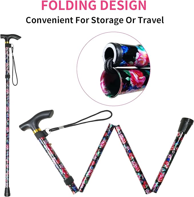 Folding Cane, 5-Level Adjustable Height Lightweight Portable Foldable Walking Canes with Wrist Strap and T Handle for Men Women Seniors