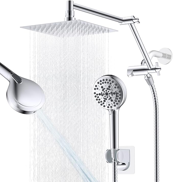 All Metal Rain Shower Head, 8” High Pressure Rainfall Shower Head with Handheld Showerhead, 5" Large Panel Handheld Spray Powerful Clean 10 Modes, 16" Stainless Steel Adjustable Extension Arm, Chrome