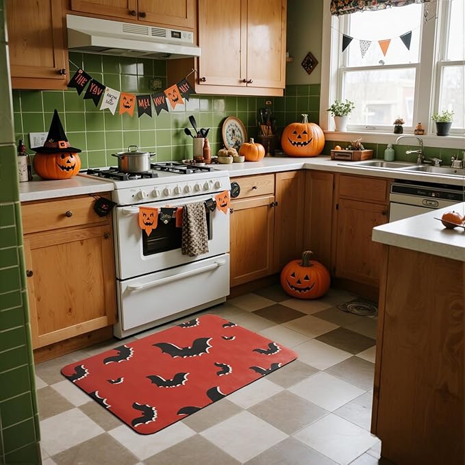 TYUU Halloween Bath Mat, Thin Halloween Bathroom Rug Non Slip Quick Dry Bat Bath Mat Fits Under Door Thin Floor Mat Halloween Decor, 24''x36'', Gothic Bats Orange