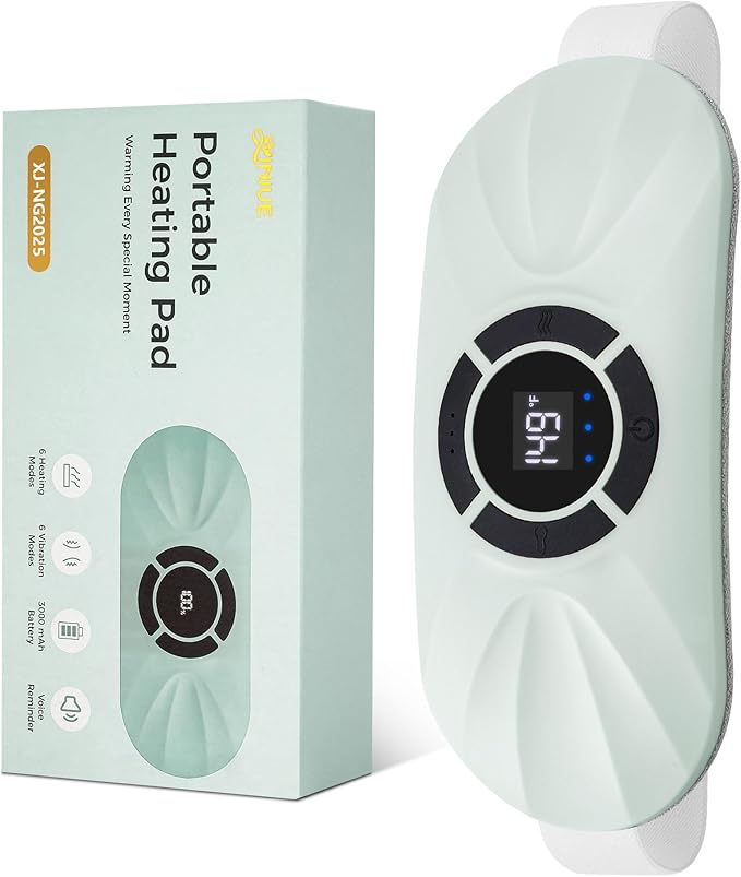 Portable Cordless Heating Pad for Period Cramps, Voice Reminder Menstrual Heating Pad with 6 Heat Levels and 6 Massage Modes, 3s Fast Heating, Gifts for Women Girls, Green