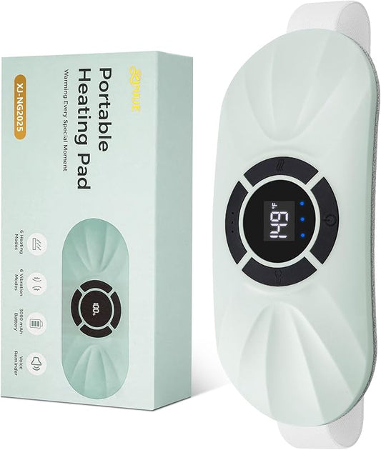 Portable Cordless Heating Pad for Period Cramps, Voice Reminder Menstrual Heating Pad with 6 Heat Levels and 6 Massage Modes, 3s Fast Heating, Gifts for Women Girls, Green