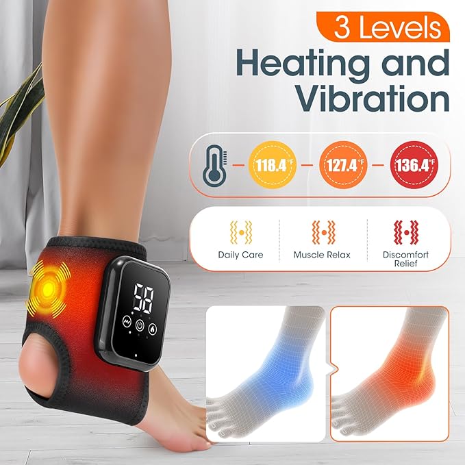 DREAMSOME Cordless Rechargeable Ankle Massager with Heat, Heated Ankle Wrap with Vibration, Portable Foot & Ankle Heating Pad, 3 Heat Levels & 3 Vibration Modes, Adjustable Brace for Men & Women