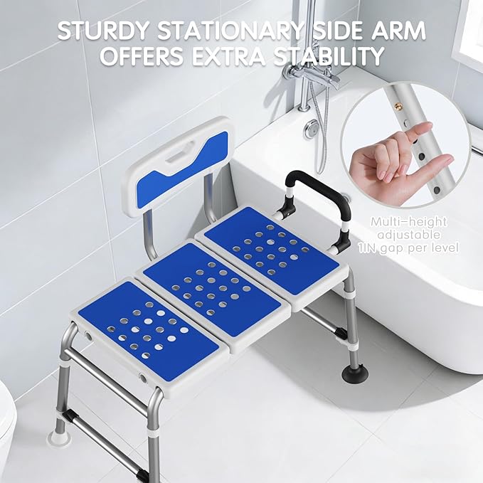 Bathtub Transfer Bench Shower Chair for Inside Tub Heavy-Duty Adjustable Width & Height Handicap Bath Chair with Extended Shower Seat and Reversible Backrest for Seniors, Elderly & Disabled