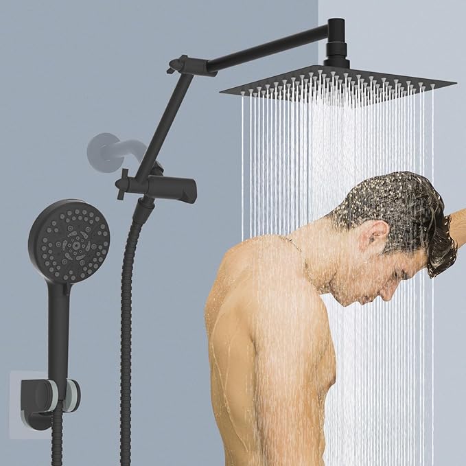 All Metal Rain Shower Head with Handheld Spray Combo, 8” High Pressure Rainfall Shower Head with 16" Shower Extension Arm, 10-Spray Handheld Showerhead Powerful Wash, Brass 3-Way Diverter, MatteBlack