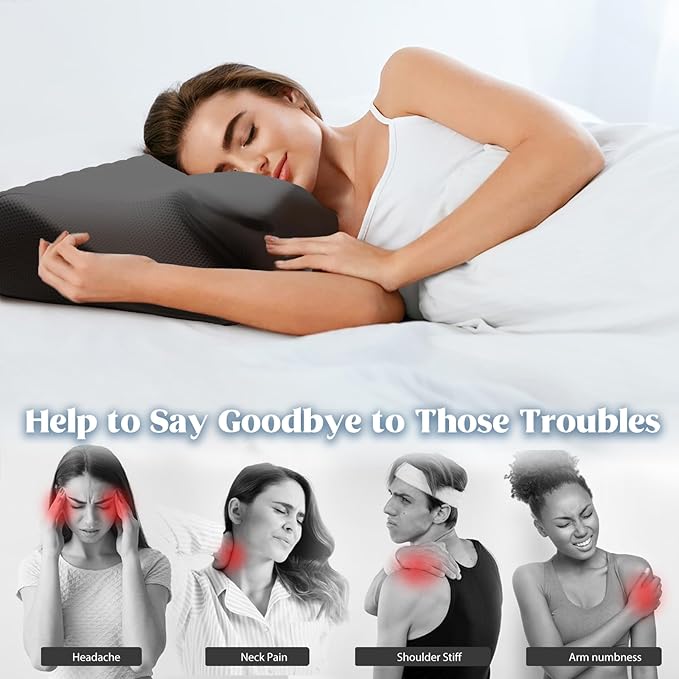 Cervical Pillow for Neck Pain Relief, Cooling Contour Memory Foam Pillows Support Odorless Ergonomic Neck Pillow Adjustable Orthopedic Bed Pillow for Side Back Stomach Sleeper,Black