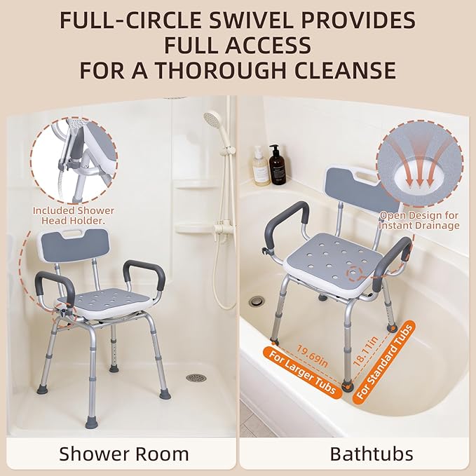 Swivel Shower Chair with Arms & Back, 400lbs Heavy Duty Shower Chair for Elderly and Disabled, Height Adjustable Shower Stool for Inside Shower, Non-Slip Rotating Shower Bench Seat for Tub Transfer