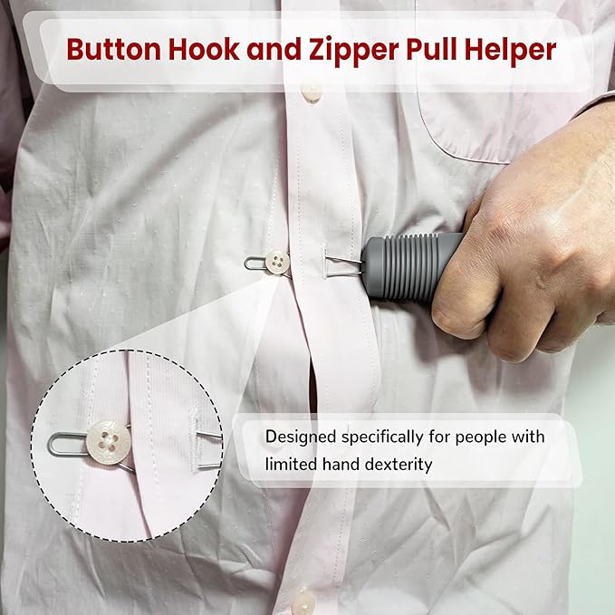 Button Hook with Zipper Pull, Button Assist Tool, Button Hook for Seniors, Disabled, Limited Hand Mobility, One Handed Button Helper Tool, Gifts for People with Disabilities, Gray