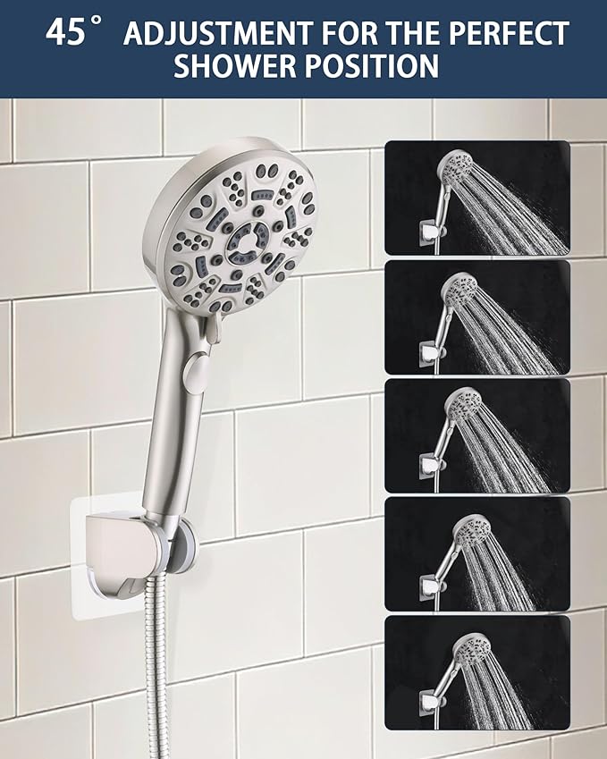 Handheld Shower Head Holder Super Strong Adhesive No Drill Adjustable Wall Mount for Hand Held Wand, Ideal for Kids, Elderly, and Short Users (Brushed Nickel)