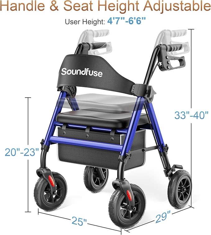 SOUNDFUSE Rollator Walkers for Seniors with Seat, Foldable Lightweight Rolling Walker with 8" Big PU Wheels, Ergonomic Seat, Dual Height Adjustment