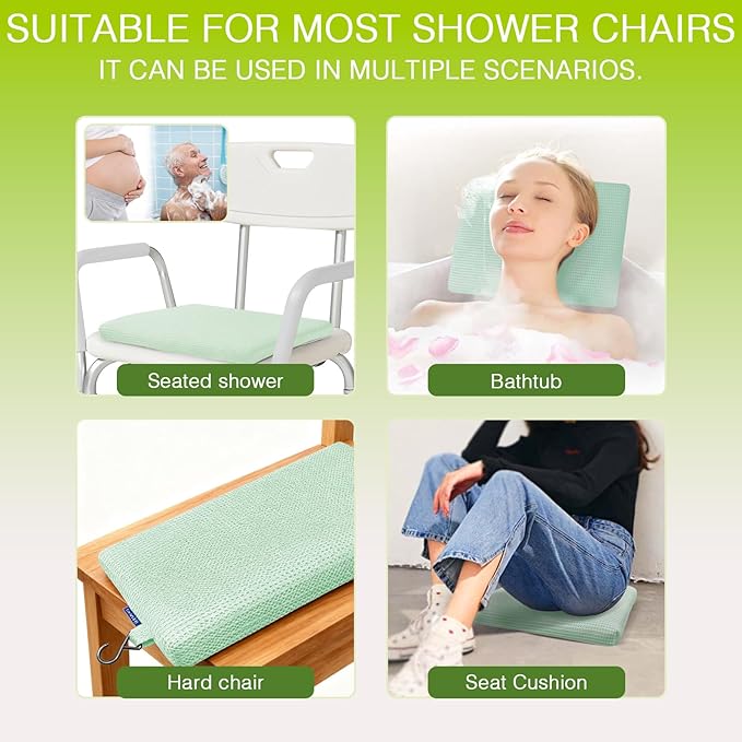 Gooo&Ma Non-Slip Waterproof Shower Seat Cushion Bathtub Pillow Shower Chair Bench Bathtub Cushion - with 3D Mesh & Hook - Bath Pillow，for Elderly，Pregnancy - Washable and Quick Drying(Green)