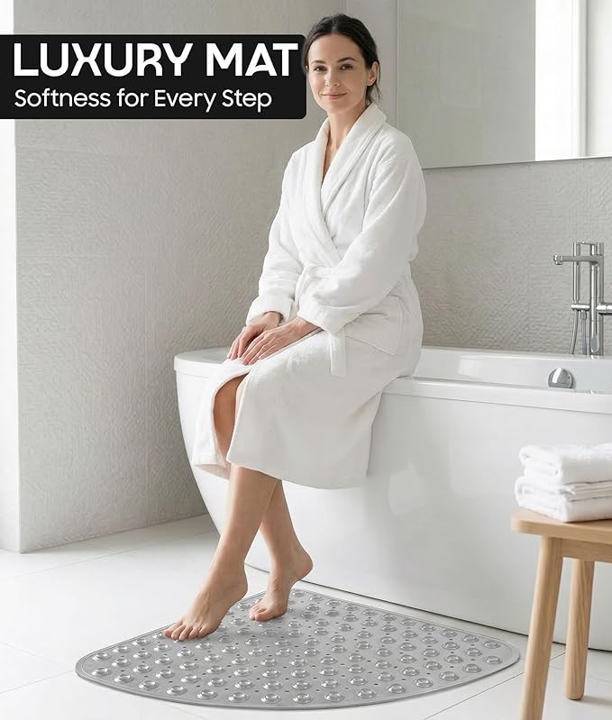 ADOV Corner Shower Mat Non Slip, 21x21 inch Curved Shower Mats for Inside Shower, Anti-Slip Bath Mat with Strong Suction Cup, Drain Holes, Machine Washable, Ideal for the Elderly (Grey)