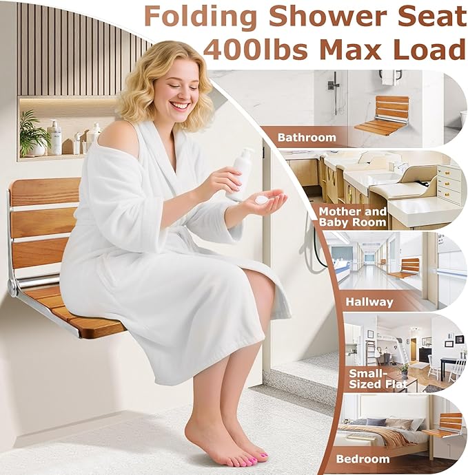 18 Inch Foldable Shower Seat Wall Mounted, Folding Shower Bench for Small Shower Spaces, 400lbs Max Load for Inside Shower, Foldable Chair for Seniors Adults,304 Stainless Steel