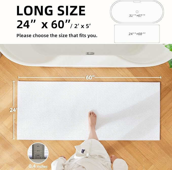 TYUU Bathroom Runner Rug, Long Bath Mat Washable Thin Quick Dry Low Pile Bathroom Runner Rugs 24 x 60 Non Slip, White 24"x60"