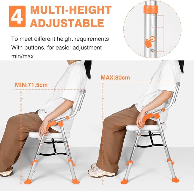 DEWEL Foldable Shower Chair for Elderly and Disabled, Folding Shower Seat with Armrests and Back Height Adjustable, Aluminum Alloy Bath Seat for Inside Shower, 330lbs Capacity (Orange-N)