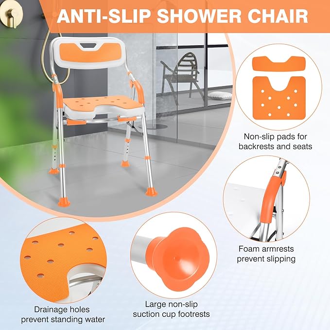 DEWEL Foldable Shower Chair for Elderly and Disabled, Folding Shower Seat with Armrests and Back Height Adjustable, Aluminum Alloy Bath Seat for Inside Shower, 330lbs Capacity (Orange-N)