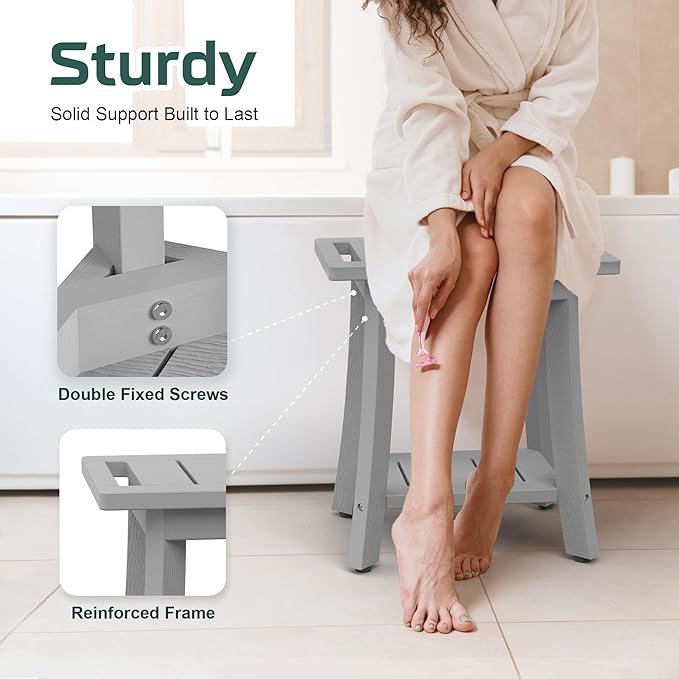 Waterproof Shower Benches for Inside Shower, Poly Lumber Shower Stool with Storage Shelf & Adjustable Feet, SPA Bathroom Seat Chair for Shaving Legs, Indoor or Outdoor Use, Grey