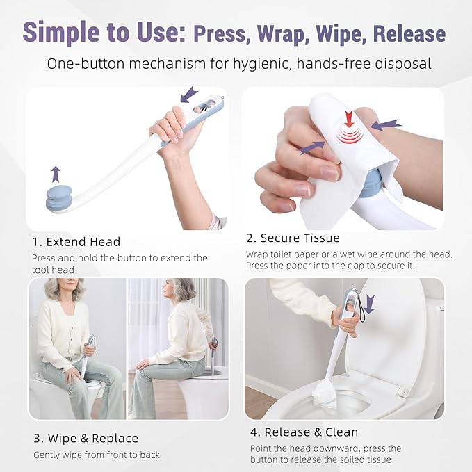 Toilet Aids for Wiping Bottom, 2-Pack - Long Reach Comfort Wipe with Replaceable Head & Strap - Bottom Buddy Wiping Aid for Elderly, Disabled & Post-Surgery