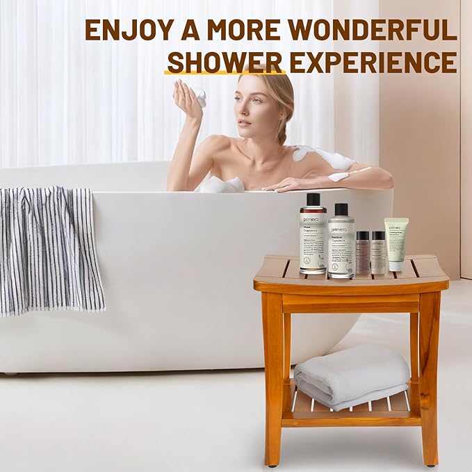 16" Compact Teak Shower Bench with Shelf, Premium Teak Shower Stool, Durable Waterproof Seat for Inside Shower, Solid Teak Wood Bench for Bathroom, Indoor & Outdoor Use