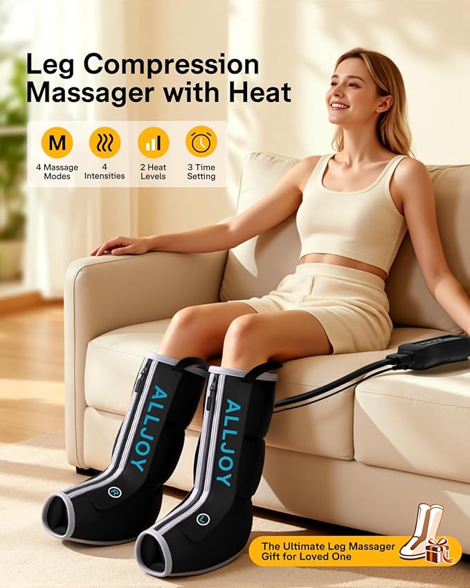ALLJOY Fathers Mothers Day Gifts, Leg Massager with Heat and Compression, Sequential Leg Compression Massager Boots w/ 2 Heat 4 Mode 4 Intensity, Leg Massager for Circulation and Pain Relief FSA