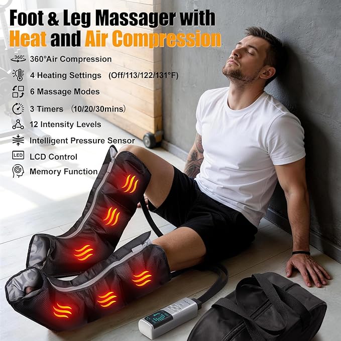 Leg Massager with Heat and Compression, Foot Massager for Circulation and Pain Relief, 3 Timers, 12 Intensity, 6 Modes,3 Heating with Knee Massager,Gifts for Man Woman,Black