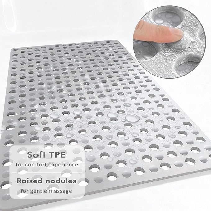 Tiamo Non Slip Large Shower Mats for Inside Shower 20.87" x 33.86",TPE Bath Mat for Outside Shower,Extra Large Bathtub Mat with Suction Cups and Big Drain Holes,Grey