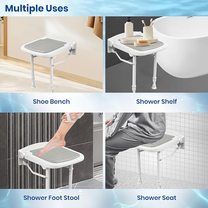 Wall Mounted Shower Seats w/PU Cushion Support 550lbs, Adjustable Height Folding Shower Chair Wall Mounted for Elderly-Adults-Pregnants-Seniors-Disabled