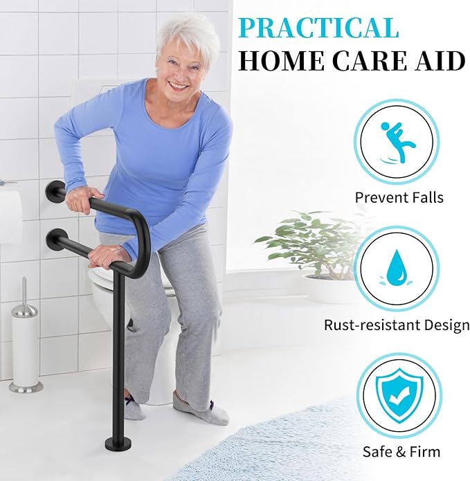 Toilet Support Rail 31.3X 31.5 Inch, Munzong Anti-Slip Black Handicap Grab Bar for Bathroom, Stainless Steel Knurled Safety handrails with Leg for Elderly Disabled Pregnant-1.25’Tube