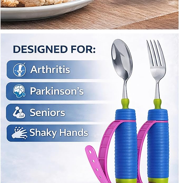 Adaptive Utensils for Arthritis, Parkinson’s & Hand Tremors – 360° Rotating Weighted Fork and Spoon with Adjustable Silicone Strap, Non-Slip Handle, Promote Independent Eating for Elderly