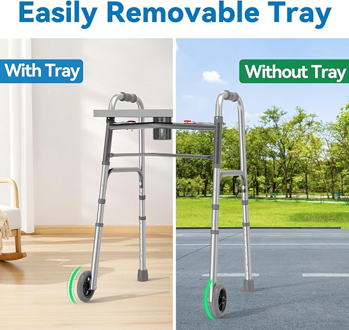 Loyoda Folding Walker with Tray, 5" Wheels Lightweight Walkers for Seniors and Adults, Supports Up to 350 Pounds, Adjustable Height, Compact Standard Walker, Silver