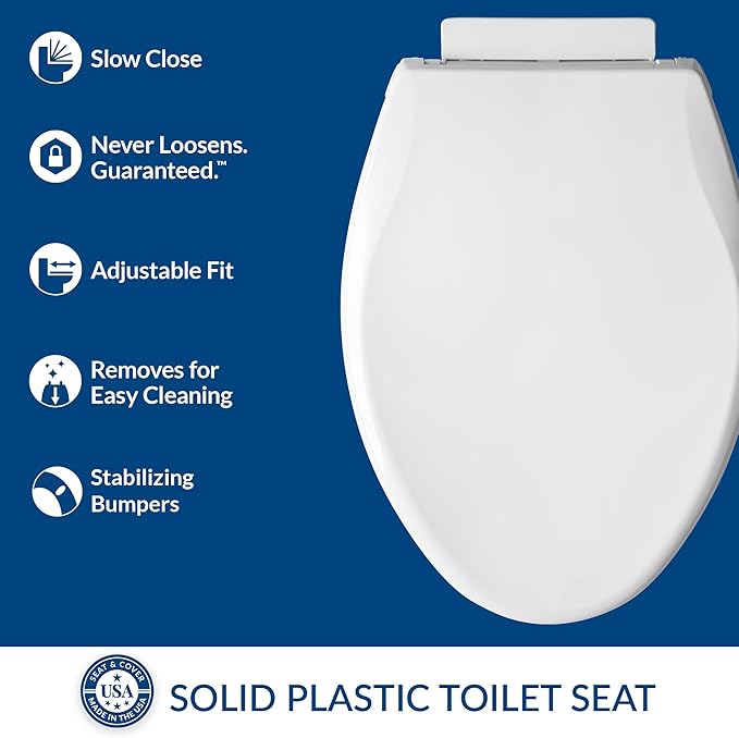 Mayfair Preston Easy to Clean Single Hinge Toilet Seat, Modern Slow Close Plastic Toilet Seat, Made in USA, Elongated, White