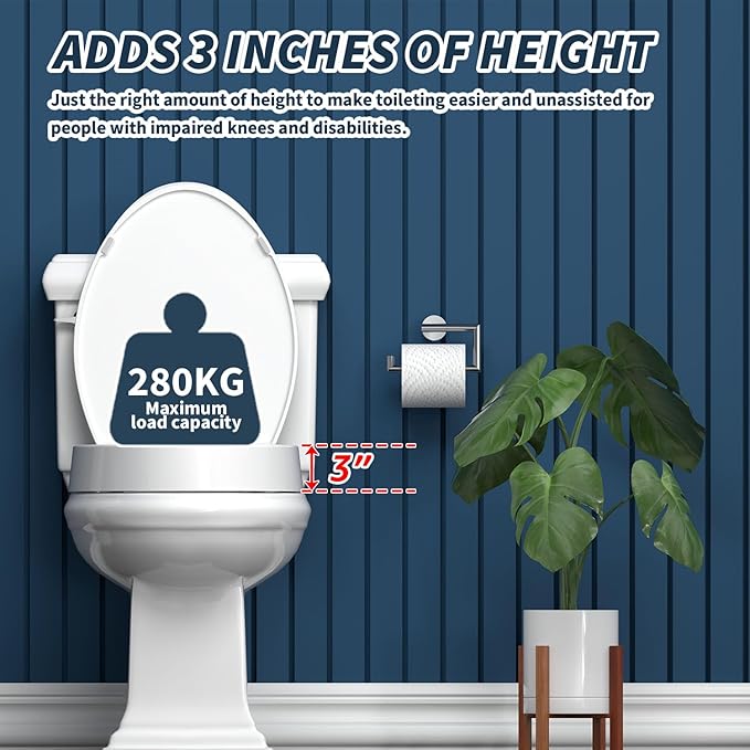 ELONGATED toilet seat risers for seniors, Slow Close, Elevated toilet seat, Heavy Duty, Never Loosen, Raised toilet seat elongated bowl, White(18.5”)