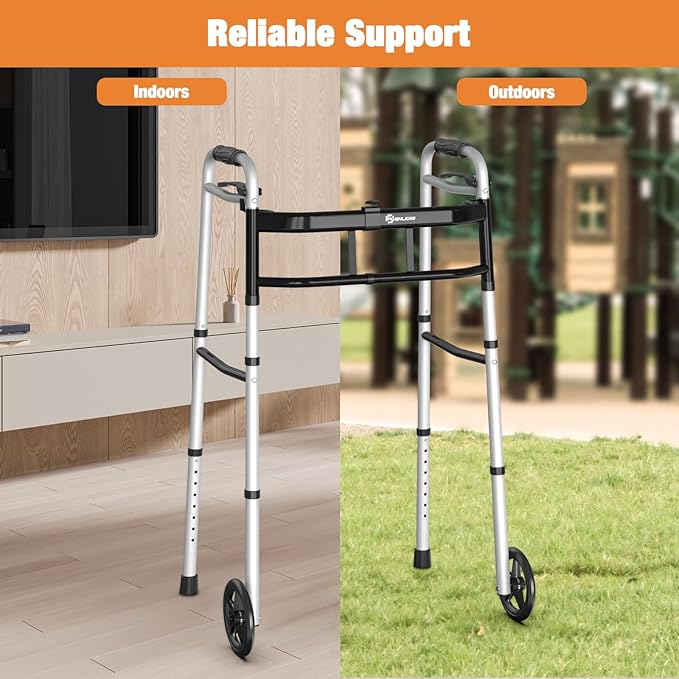 WHLICKS Folding Walkers for Seniors, Lightweight Aluminum Walker with 5'' Front Wheels and 2 Skis, Height Adjustable Standard Walker for Elderly and Disabled, Stable Frame up to 350 lbs