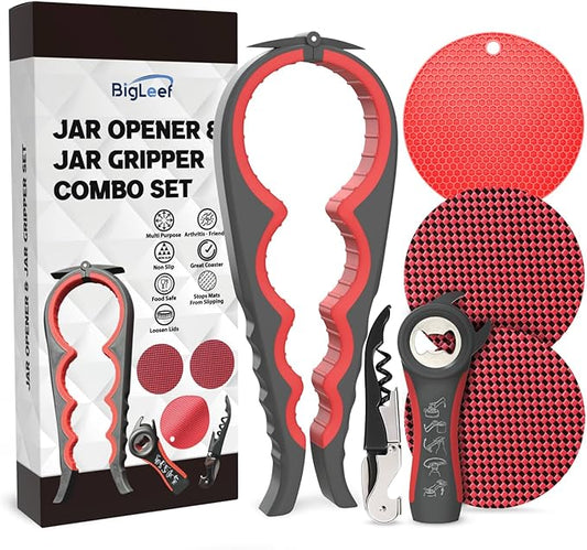 Jar Opener for Weak Hands with 5-in-1 Bottle Opener, Corkscrew Wine Opener, Firm Jar Gripper Pad and 2 Non Slip Rubber Grip Mats, Multifunction Kitchen Tool Set for Seniors, Easy Lid Removal-Red