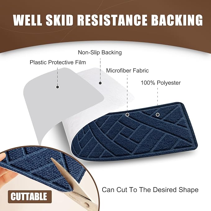 Non-Slip Carpet Stair Treads for Indoor Wooden Steps, Made of Polyester and Reusable Adhesive, Suitable for Kids Elders and Pets of 15 Pack 8 "X 30" （Navy Lines）