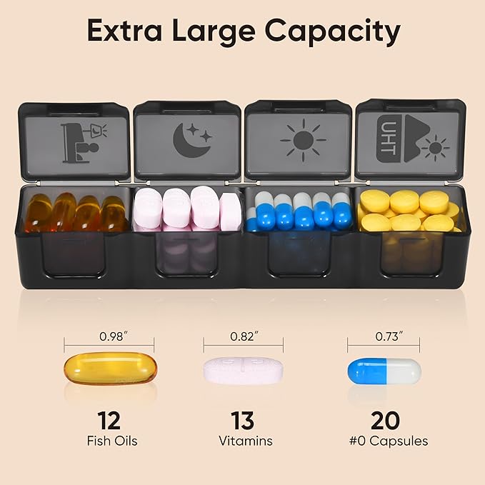Fullicon Extra Large Weekly Pill Organizer 4 Times a Day, XL Large Pill Box, 7 Day Medicine Organizer, Pill case for Vitamin/Fish Oil/Supplements (Black)