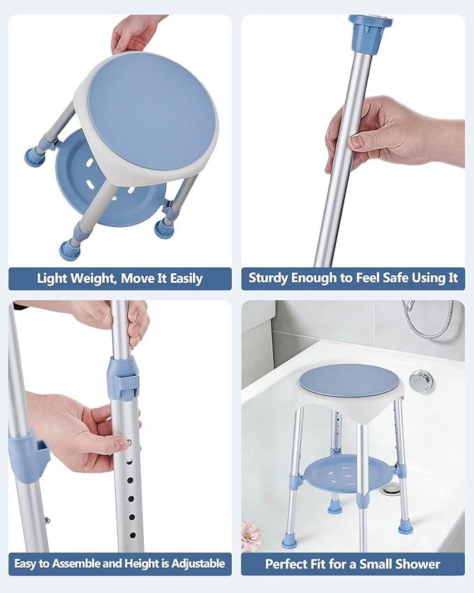 Shower Stool with Storage Tray, Height Adjustable Rotating Shower Chair for Seniors and Adults, 360° Swivel Tub Transfer Bench for Bathroom and Inside Shower (Blue)