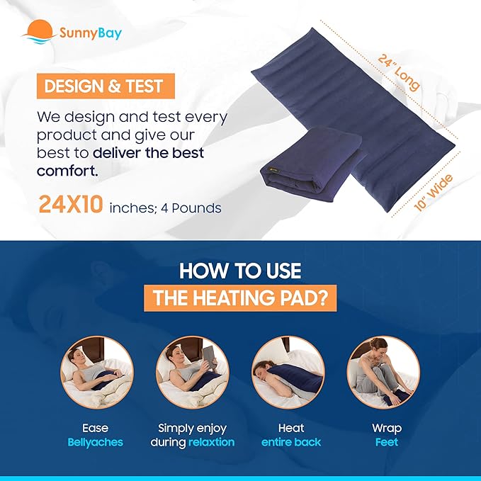 SunnyBay Extra Large Microwave Heating Pad, Microwavable Heavy Weighted Full Body Moist Hot Pack and Washable Fleece Cover, 10x24 Inches, 2.8 lbs, Navy Blue