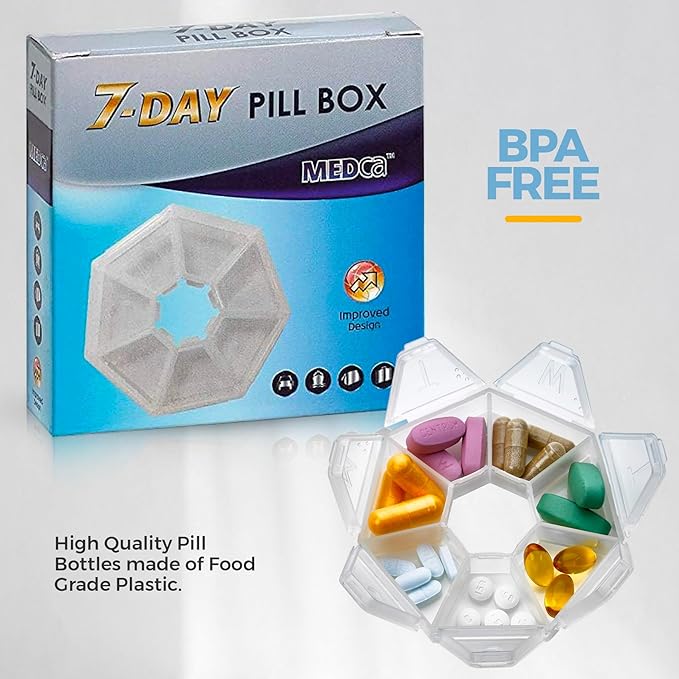 MEDca Weekly Pill Organizer Clear 7-Sided Pill Reminder, Hexagon Shaped, Case of 100