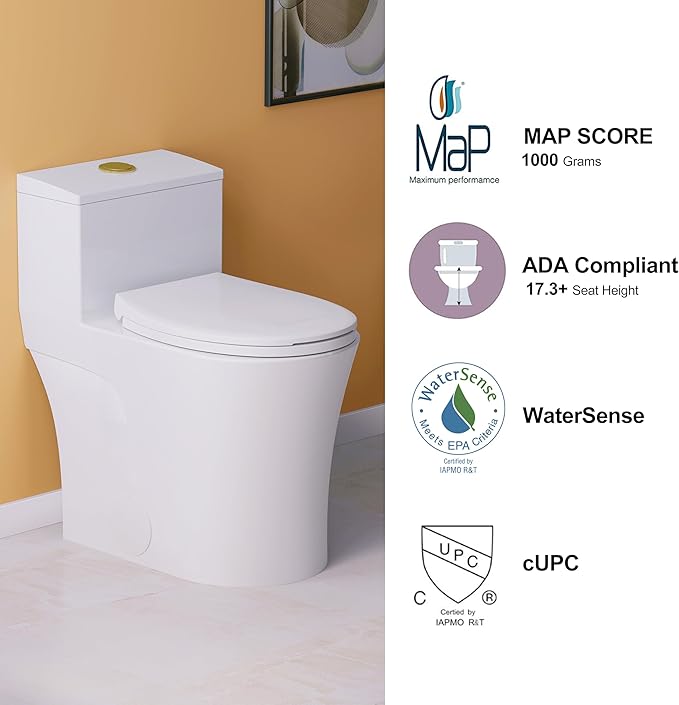 HOROW T0338WG One Piece Toilet with Gold Button, Elongated Toilet with Comfort Seat Height, ADA Chair Height 17.3", Dual Flush 0.8/1.28 GPF, Standard White Toilet Bowl, Gold Tank Button