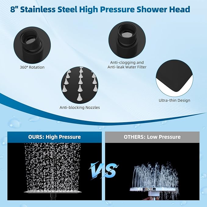 Hibbent All Metal cUPC Certified Shower Head, 8'' High Pressure Rain Shower Head, Handheld Showerhead Combo with 16'' Adjustable Extension Arm, 10 Sprays, 71'' Hose, Showerhead Holder, Matte Black