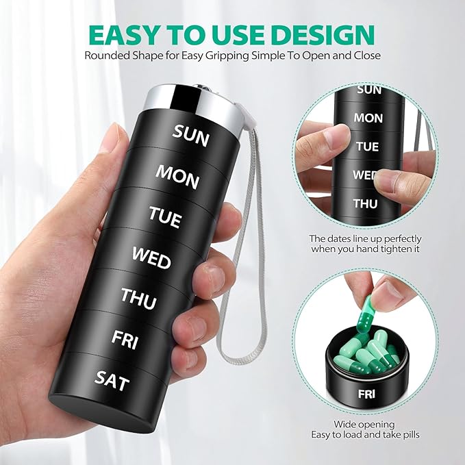 Metal Travel Pill Organizer, Large Weekly Pill Box, Portable Aluminum Alloy Waterproof Container, 7 Day Daily Medicine Organizer Holder for Vitamin, Fish Oil, Supplement, Black