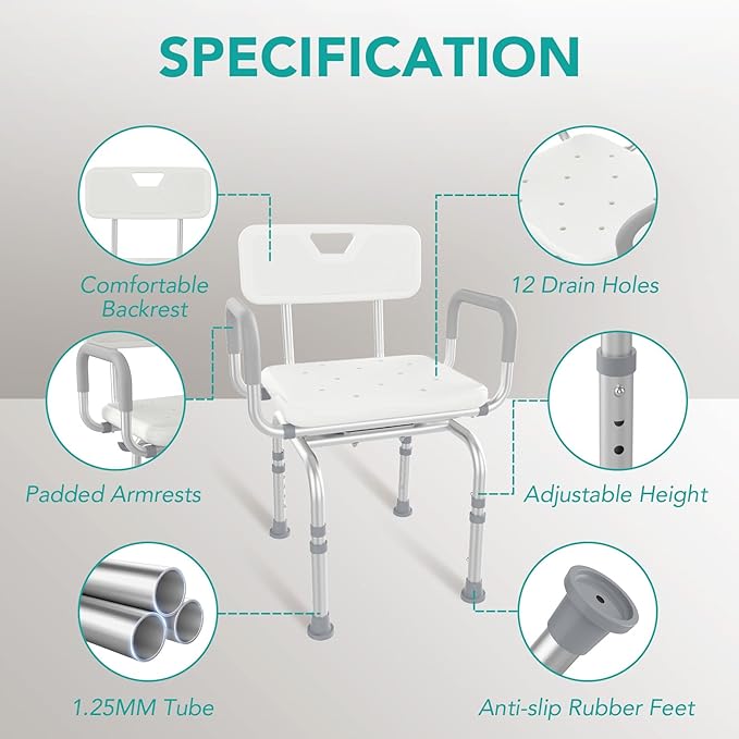 360 Swivel Shower Chair with Back and Arms, 400lbs Heavy Duty Adjustable Bath Chair for Elderly Disabled Bariatric Pregnant, Handicap Shower Seat for Inside Tub