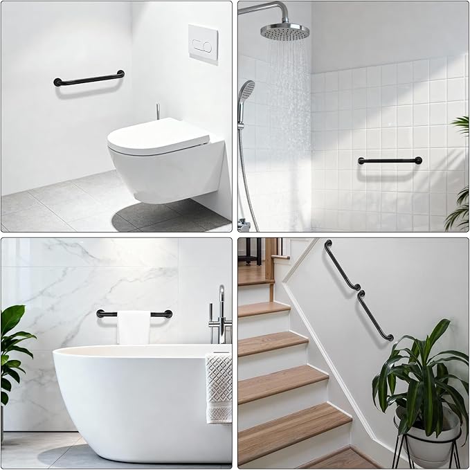 Black Grab Bar 16 Inch, iHansee Anti-Slip Bathroom Grab Bar w/Knurled Grip, Stainless Steel Safety Handrail for Toilet, Bathtub, Shower for Senior Elderly, Wall Mounted Matte Black Handicap Bars