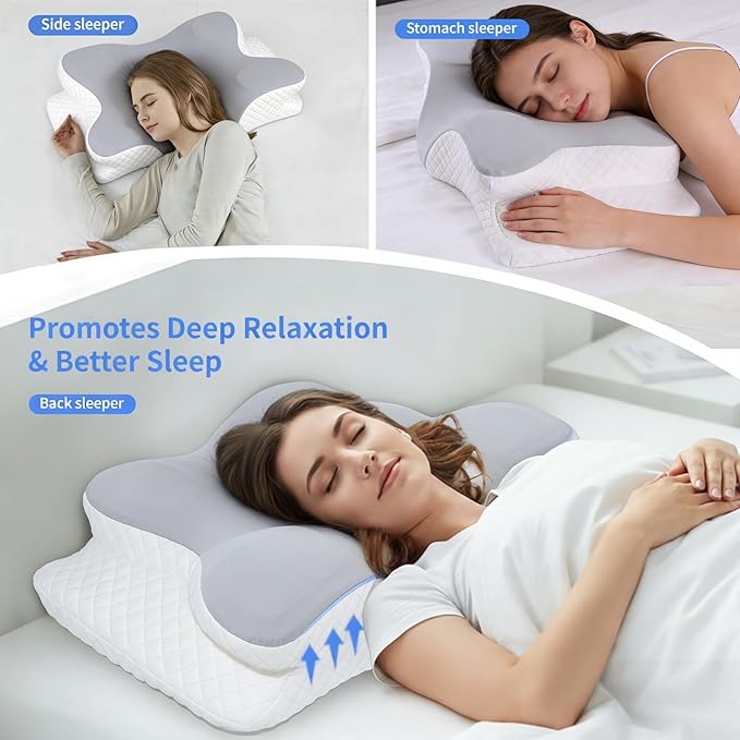 Cervical Pillow for Neck Pain Relief, Hollow Design Memory Foam Bed Pillow for Side & Back Sleepers, Ergonomic Contour Orthopedic Bed Pillow with Adjustable Support (White with Grey)