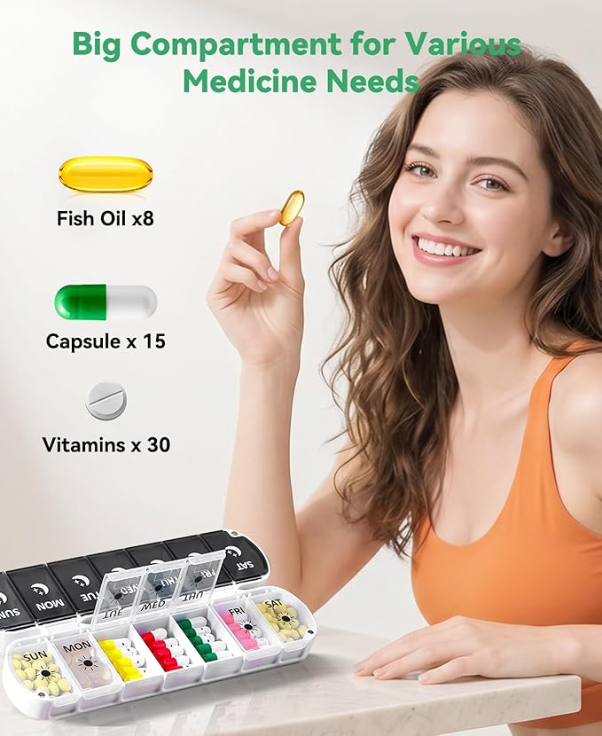 Weekly Pill Organizer 2 Times a Day, Moisture-Proof 7 Day Pill Box AM PM, Foldable Travel Medicine Organizer with Magnetic Closure for Vitamins, Supplements and Fish Oils