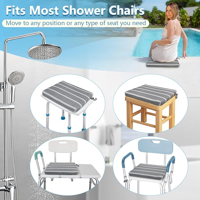 Shower Seat Cushion for Inside Shower, Shower Chair Cushion Bath Seat Mat for Seniors, Padded Shower Transfer Bench Pillow Bath Chair Pad for Elderly, Bathtub Seat Cushion, 4D Mesh Pad with Hook