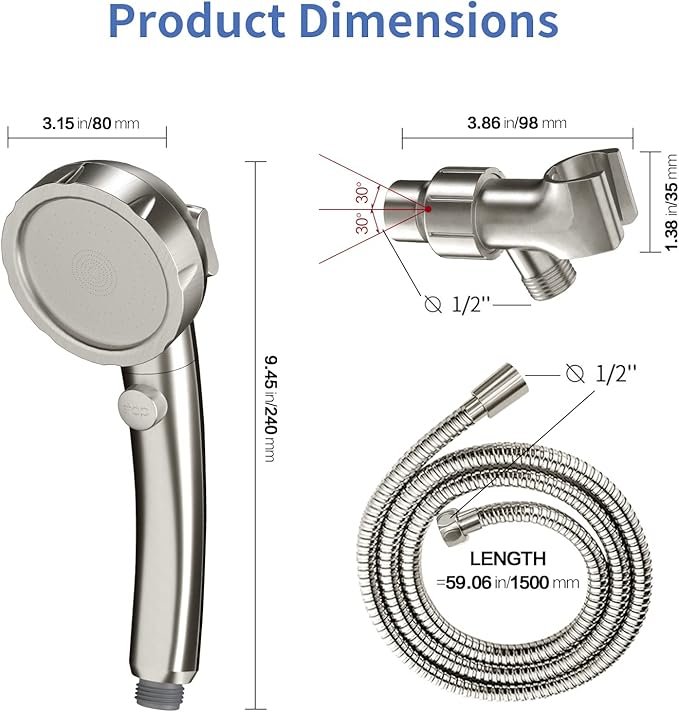 SINGSUO High Pressure Handheld Shower Head with On Off Switch, Detachable Shower Head, 3 Spray Modes Shower Massager Handheld with Hose and Adjustable Angle Bracket (Brushed Nickel)