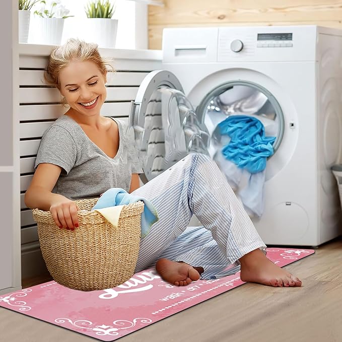 XLHOMO Laundry Room Rugs and Mats, 17.7"x45" Pink Laundry Room Rug Runner Non Slip, Washable Anti Fatigue Laundry Floor Mat for Mudroom, Kitchen, Washroom, Bathroom, Hallway, Entryway Carpet Decor